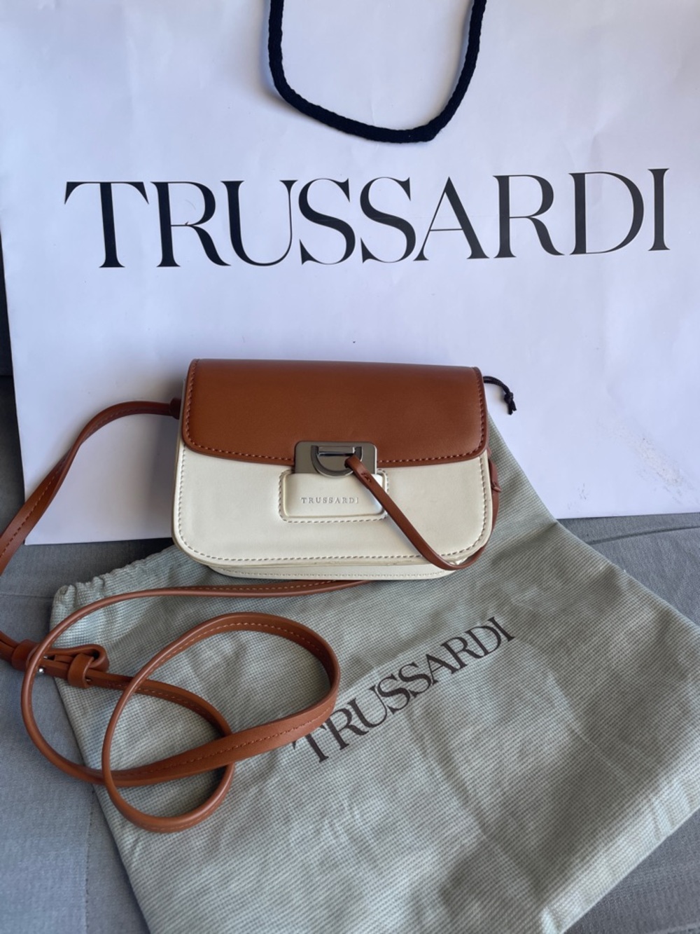 Trussardi Brown & Cream Leather Crossbody with Silver Clasp